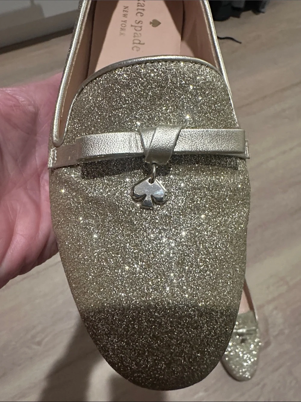 Kate Spade Georgia Metallic Gold Glitter Loafers with Bow Accent - Size 6